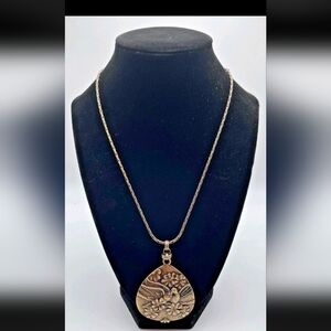 Vintage Elegant Art Deco brass Reversible Pendant Necklace Floral Abalone Bird